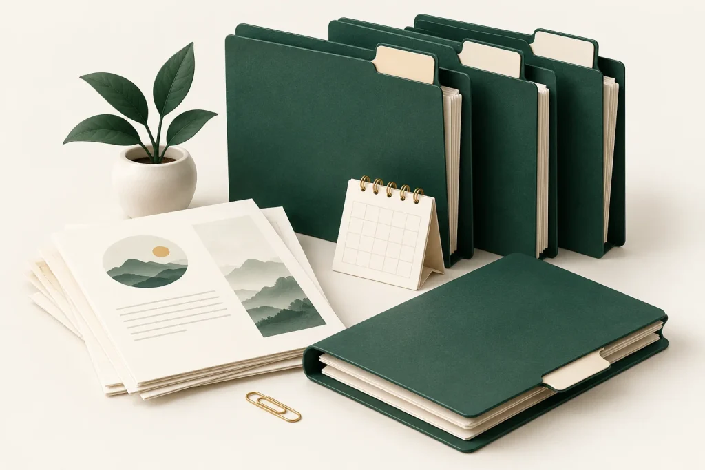 Conceptual green archive folders and unmarked publication sheets