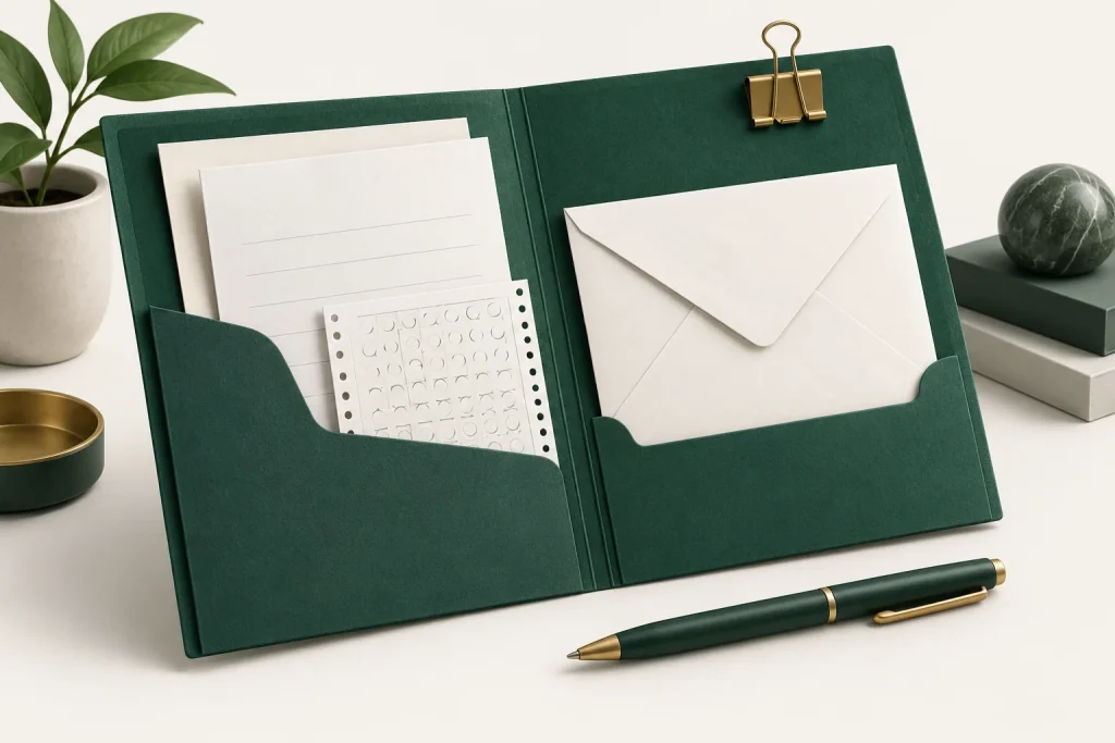 Conceptual folder containing a ticket, envelope and preparation records