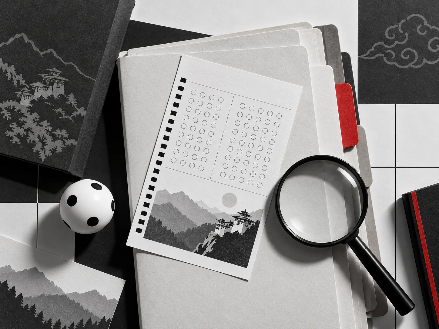Organized lottery notice folders with a magnifying glass