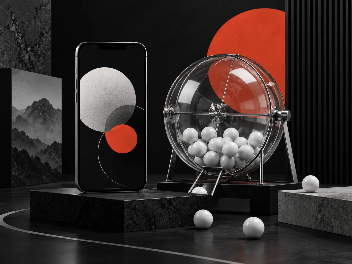 Conceptual mobile device beside a lottery draw drum