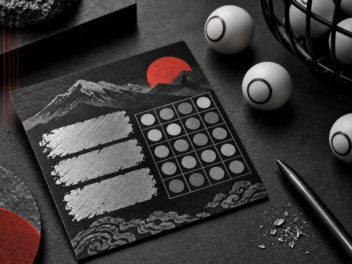 Conceptual scratch card and number-game grid