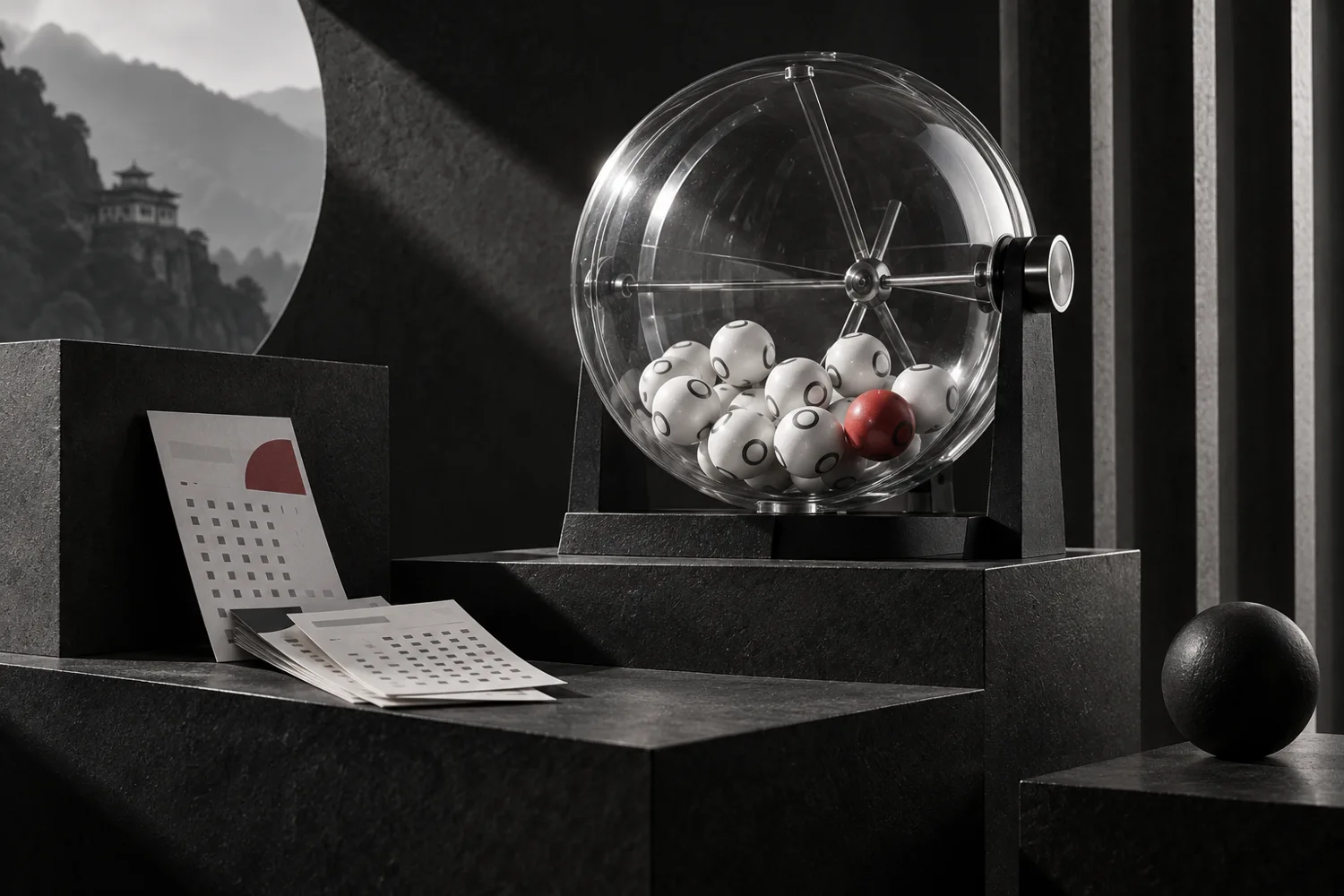 Conceptual lottery draw drum with paper entries in a monochrome editorial scene