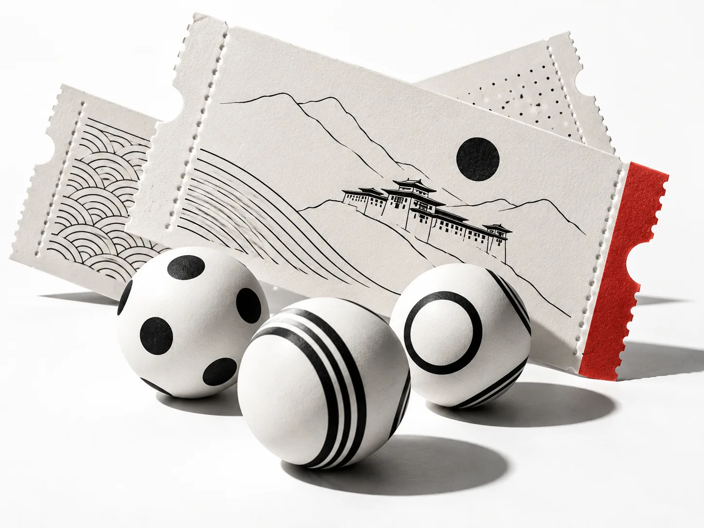 Illustrated paper lottery tickets and draw balls
