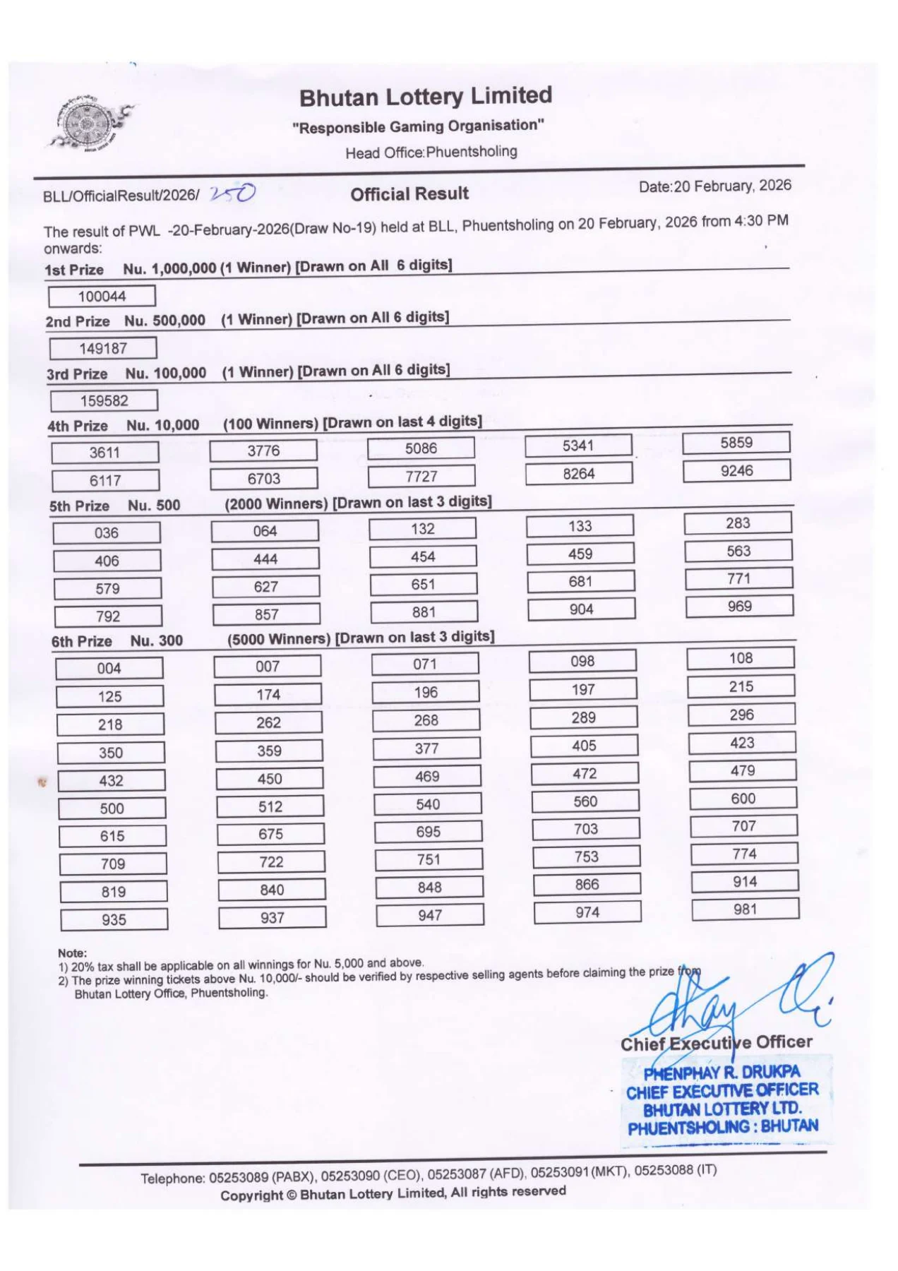 Phuensum Weekly Lottery 20-Feb-2026 Draw#19 — original winning-number sheet, page 1