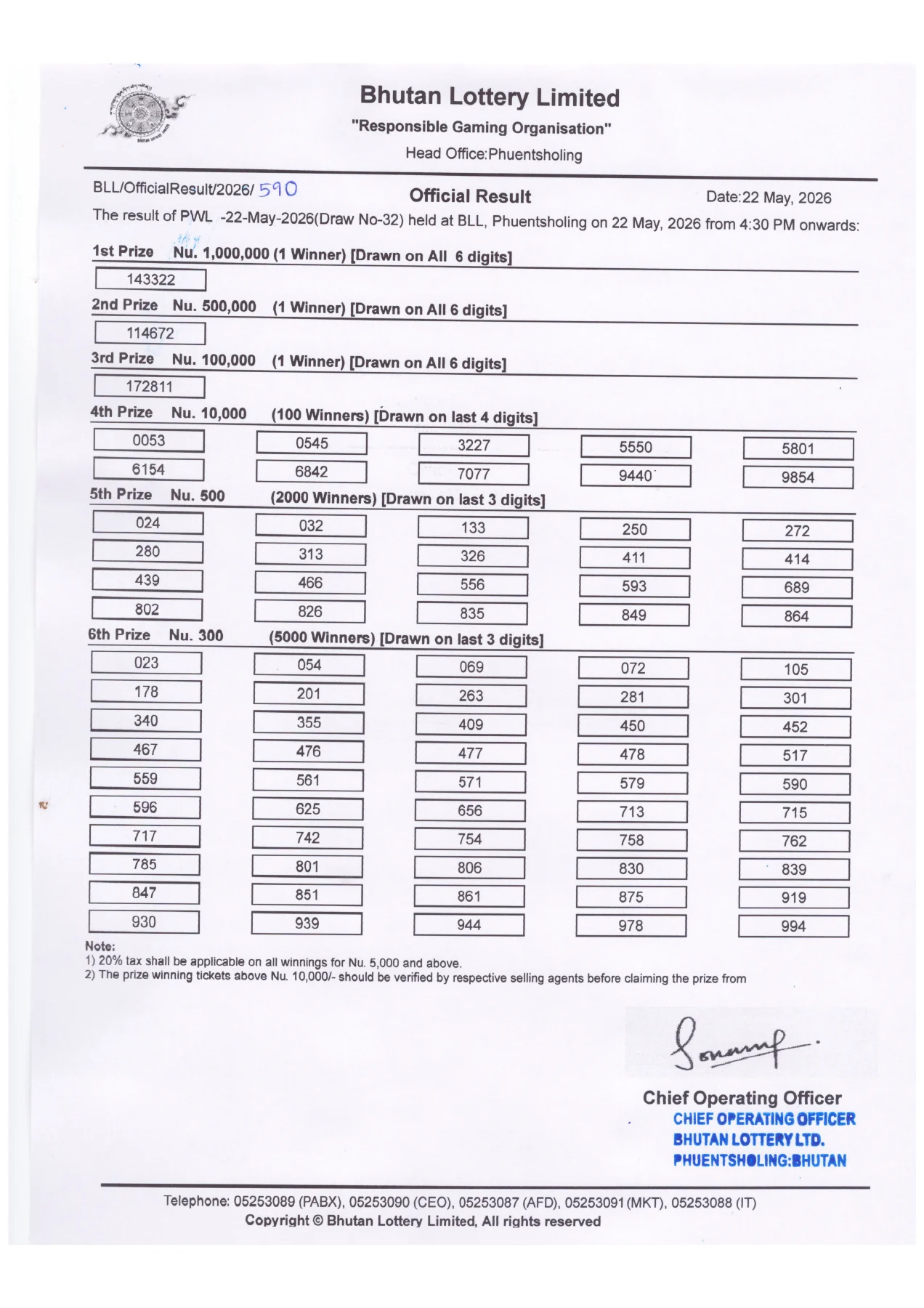 Phuensum Weekly Lottery 22-May-2026 Draw#32 — original winning-number sheet, page 1