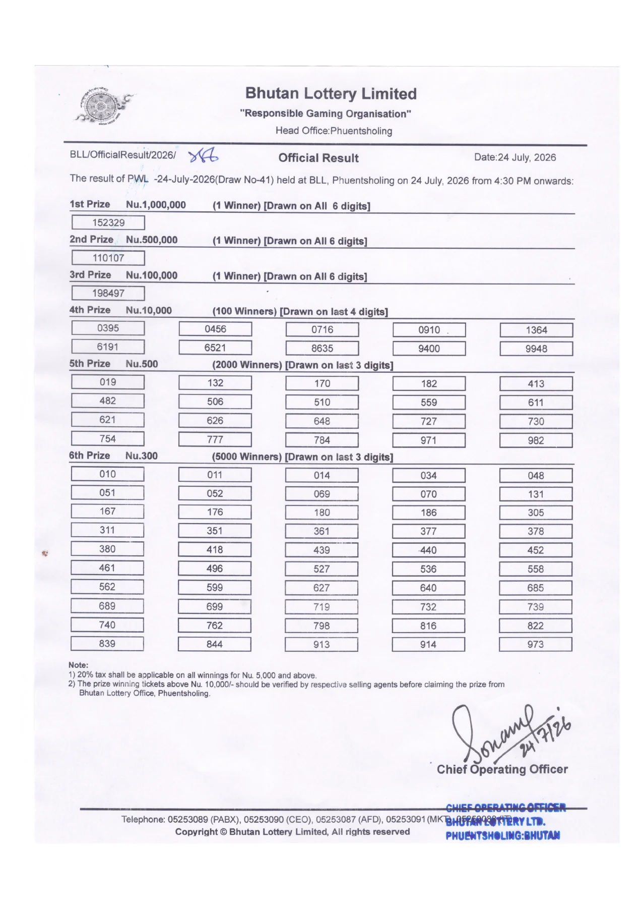Phuensum Weekly Lottery 24-July-2026 Draw#41 — original winning-number sheet, page 1